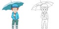 Coloring page with boy under umbrella Royalty Free Stock Photo